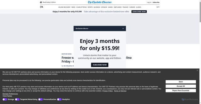 Security scan screenshot of https://www.charlotteobserver.com/news/weather-news/article312612273.html