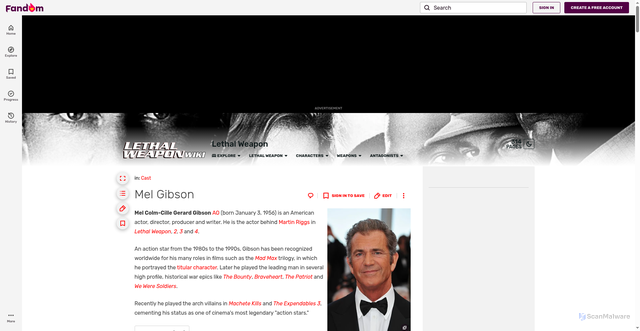 Security scan screenshot of https://lethalweapon.fandom.com/wiki/Mel_Gibson