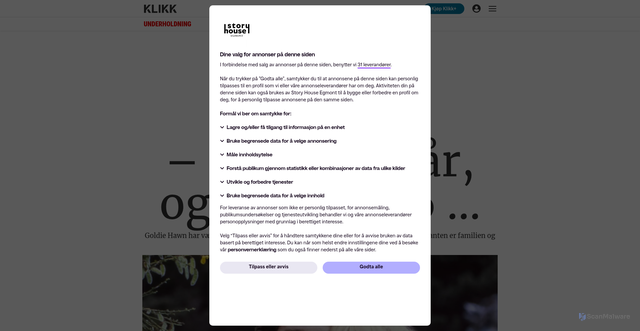 Security scan screenshot of https://www.klikk.no/underholdning/goldie-hawns-livshistorie-jeg-var-21-ar-og-han-var-16-7577142