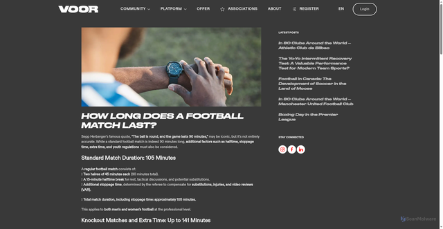 Security scan screenshot of https://voor.sport/en/mag/how-long-does-a-football-match-last