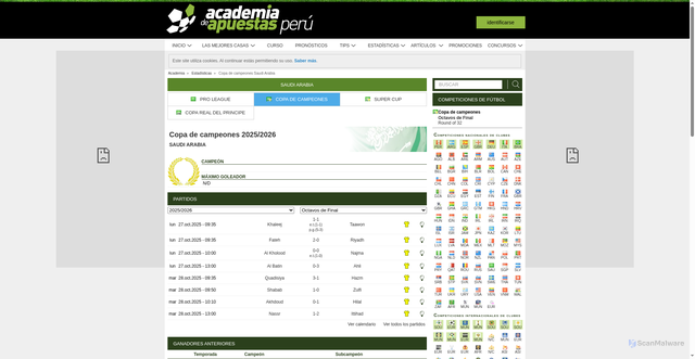 Security scan screenshot of https://www.academiadeapuestasperu.com/stats/competition/saudi-arabia/799