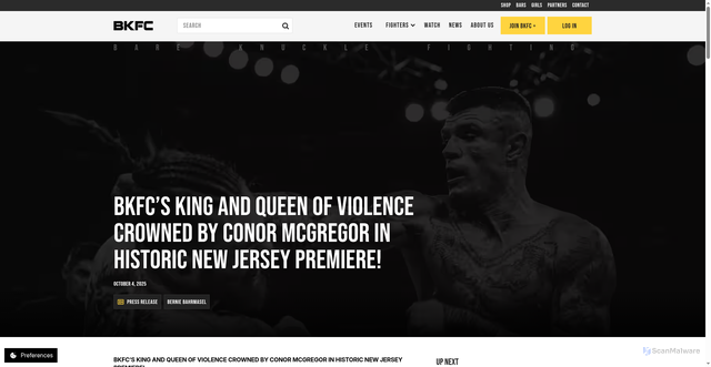 Security scan screenshot of https://www.bkfc.com/news/bkfcs-king-and-queen-of-violence-crowned-by-conor-mcgregor-in-historic-new-jersey-premiere
