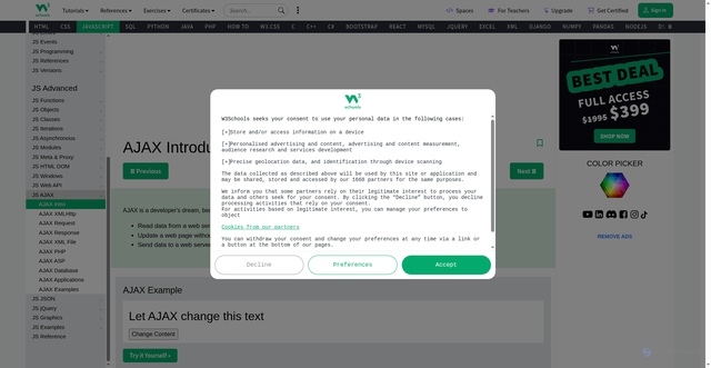 Security scan screenshot of https://www.w3schools.com/js/js_ajax_intro.asp