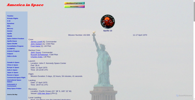 Security scan screenshot of https://www.worldspaceflight.com/america/apollo/apollo13.php