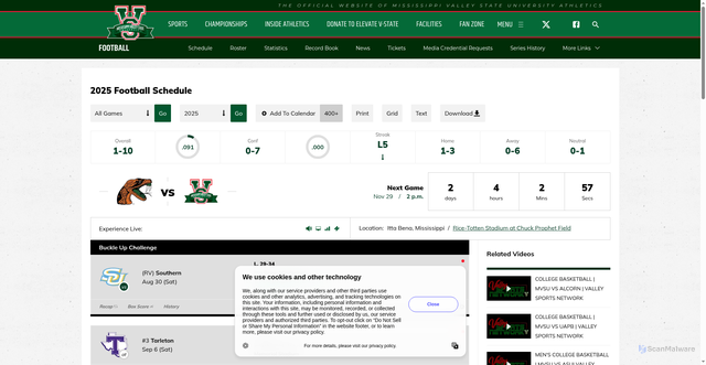 Security scan screenshot of https://mvsusports.com/sports/football/schedule/2025