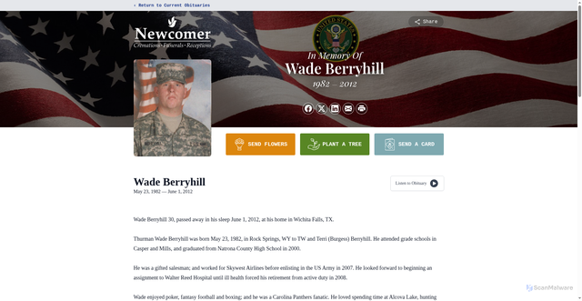 Security scan screenshot of https://www.newcomercasper.com/obituaries/wade-berryhill