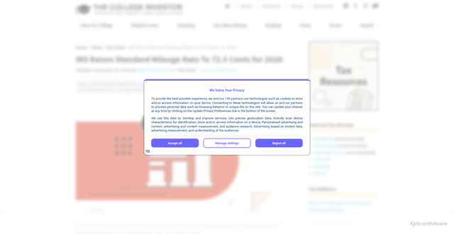 Security scan screenshot of https://thecollegeinvestor.com/44951/irs-standard-mileage-rates/?srsltid=AfmBOopkjepzTjotg10CsGmH8Z-rGZE9WtOdxIgZ_76aTO2ttNDbTlgM