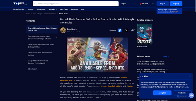 Security scan screenshot of https://www.topuplive.com/news/marvel-rivals-summer-skins-guide.html