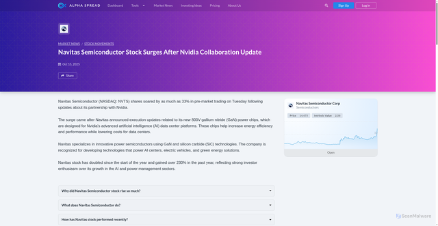 Security scan screenshot of https://www.alphaspread.com/market-news/stock-movements/navitas-semiconductor-stock-surges-after-nvidia-collaboration-update