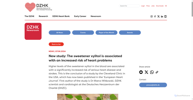 Security scan screenshot of https://dzhk.de/en/newsroom/news/latest-news/article/new-study-the-sweetener-xylitol-is-associated-with-an-increased-risk-of-heart-problems