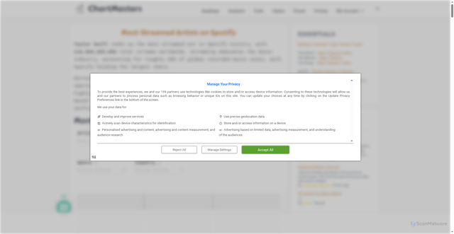 Security scan screenshot of https://chartmasters.org/most-streamed-artists-ever-on-spotify/