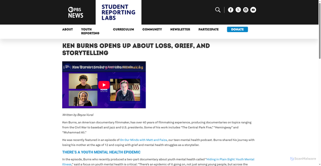 Security scan screenshot of https://studentreportinglabs.org/news/ken-burns-opens-up-about-loss-grief-and-storytelling/
