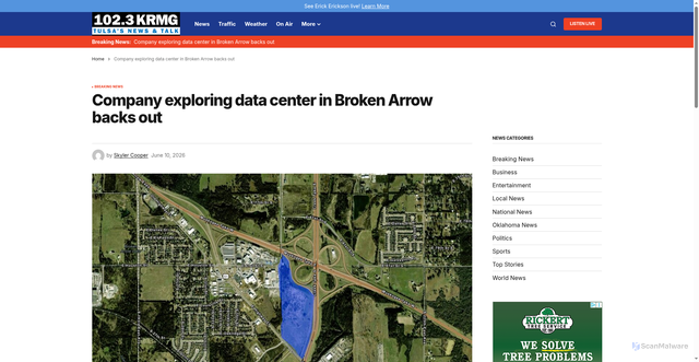 Security scan screenshot of https://krmg.com/2026/06/10/company-exploring-data-center-in-broken-arrow-backs-out/