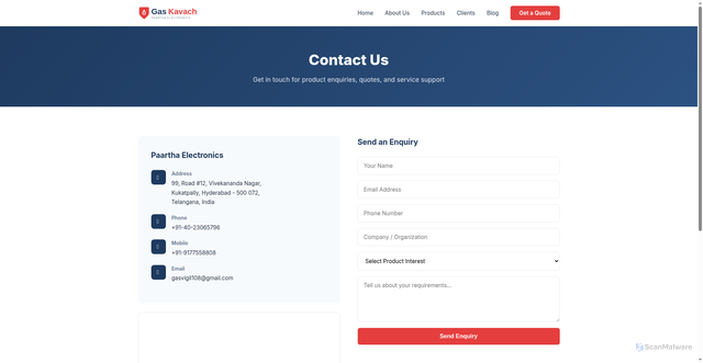 Security scan screenshot of https://gaskavach.com/contact.html