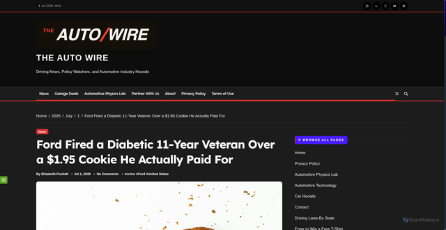 Security scan screenshot of https://theautowire.com/2026/07/01/ford-fired-a-diabetic-11-year-veteran-over-a-1-95-cookie-he-actually-paid-for/