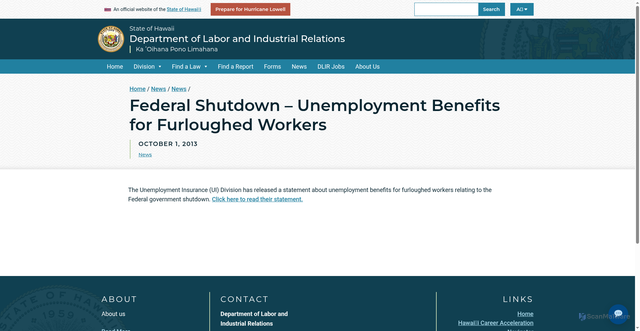 Security scan screenshot of https://labor.hawaii.gov/federal-shutdown-unemployment-benefits-for-furloughed-workers/
