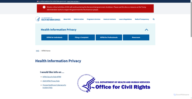Security scan screenshot of https://www.hhs.gov/hipaa/index.html