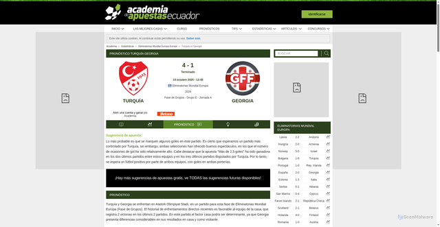 Security scan screenshot of https://www.academiadeapuestasecuador.com/stats/match/europa/eliminatorias-mundial-europa/turquia/georgia/jJzZx18RbmR0v/preview