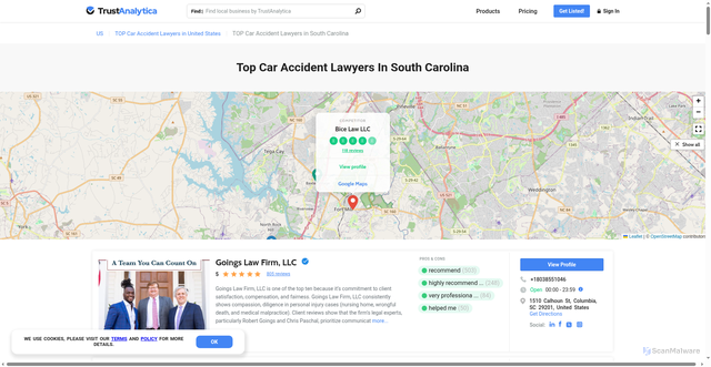 Security scan screenshot of https://trustanalytica.org/us/sc/best-car-accident-lawyers