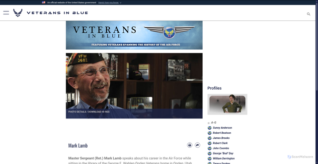 Security scan screenshot of https://www.veterans-in-blue.af.mil/Veterans/Veterans-in-Blue-Volume-2/Display/Article/757705/mark-lamb/