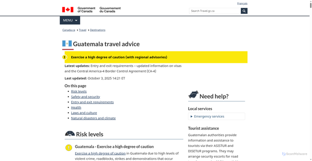 Security scan screenshot of https://travel.gc.ca/destinations/guatemala
