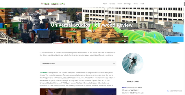 Security scan screenshot of https://treehousedad.com/universal-studios-hollywood-review/