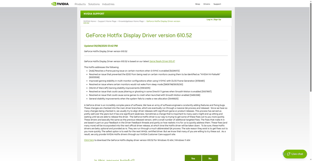 Security scan screenshot of https://nvidia.custhelp.com/app/answers/detail/a_id/5854/~/geforce-hotfix-display-driver-version-610.52