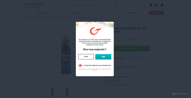 Security scan screenshot of https://www.cigusto.com/liquides-grand-format/6990-eliquide-dragon-50-ml-e-liquid-france-cigusto