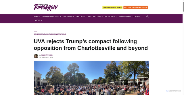 Security scan screenshot of https://www.cvilletomorrow.org/uva-rejects-trumps-compact-following-opposition-from-charlottesville-and-beyond/