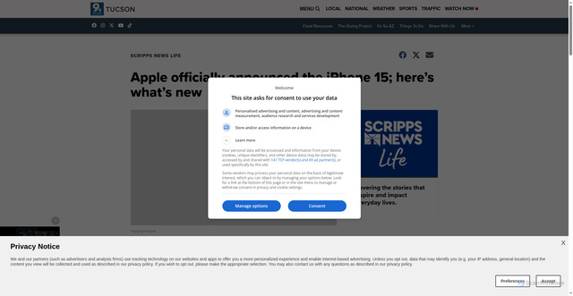 Security scan screenshot of https://www.kgun9.com/apple-officially-announced-the-iphone-15-heres-whats-new