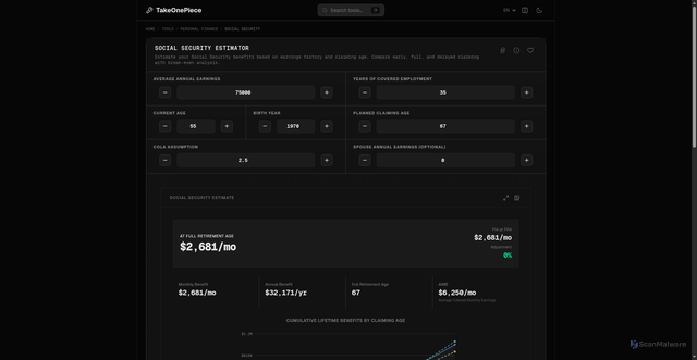 Security scan screenshot of https://takeonepiece.pages.dev/en/tools/social-security-estimator
