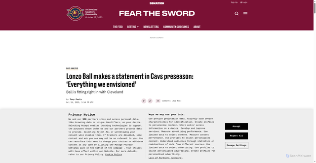 Security scan screenshot of https://www.fearthesword.com/cavs-analysis/39309/lonzo-ball-makes-a-statement-in-cavs-preseason-everything-we-envisioned