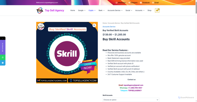 Security scan screenshot of https://topsellagency.com/product/buy-verified-skrill-accounts/