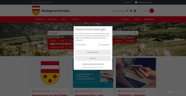 Security scan screenshot of https://www.comune.malles.bz.it/de