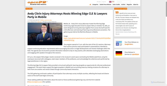 Security scan screenshot of https://www.openpr.com/news/4281348/andy-citrin-injury-attorneys-hosts-winning-edge-cle-lawyers