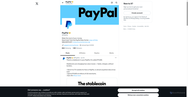 Security scan screenshot of https://x.com/PayPal?v=1%2C0.1&utm_source=unp&utm_medium=email&utm_campaign=RT002546&utm_unptid%1D5acb-88a8-11f1-82de-b3f3043dca2f&ppid=RT002546&cnac=US&rsta=en_US%28en-US%29&unptid%1D5acb-88a8-11f1-82de-b3f3043dca2f&calc=dcaaa4b6d7e0d&unp_tpcid=online-user-agreement-change-email&page=main%3Aemail%3ART002546&pgrp=main%3Aemail&e=re&mchn=em&s=ci&mail=sys&appVersion=1.429.0&tenant_name=PayPal&xt=182450%2C175543%2C104038%2C183981%2C184725%2C180509&xe=114833%2C114002%2C101255%2C114941%2C115052%2C114543&link_ref=twitter.com_paypal