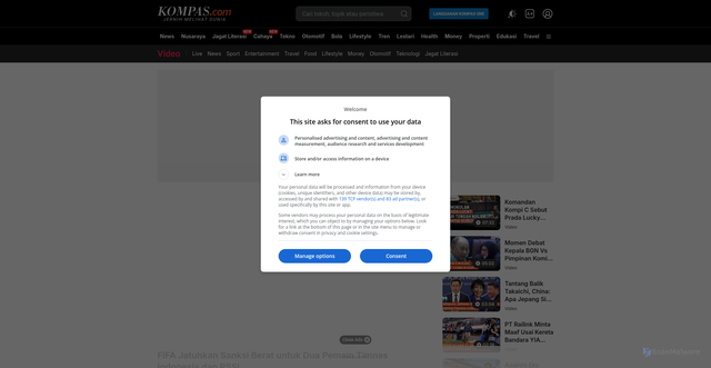 Security scan screenshot of https://video.kompas.com/watch/1888639/fifa-jatuhkan-sanksi-berat-untuk-dua-pemain-timnas-indonesia-dan-pssi