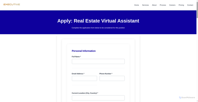 Security scan screenshot of https://executive-elite-agency.pages.dev/careers/real-estate-virtual-assistant/apply