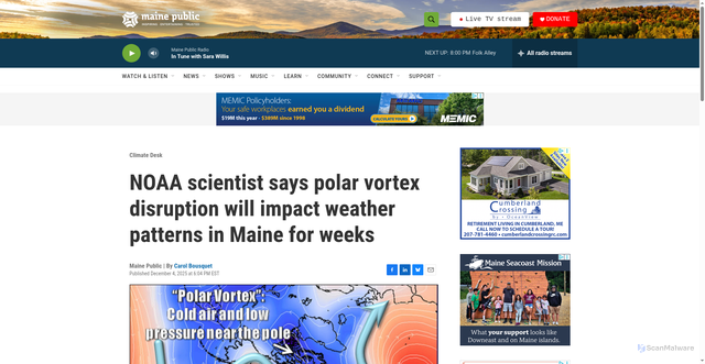 Security scan screenshot of https://www.mainepublic.org/climate/2025-12-04/noaa-scientist-says-polar-vortex-disruption-will-impact-weather-patterns-in-maine-for-weeks