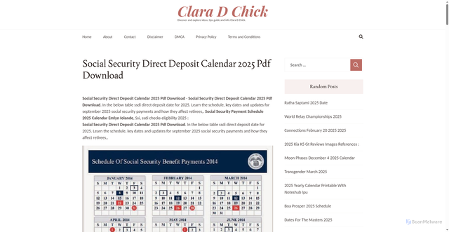 Security scan screenshot of https://claradchickg.pages.dev/dbajj-social-security-direct-deposit-calendar-2025-pdf-download-jfhib/