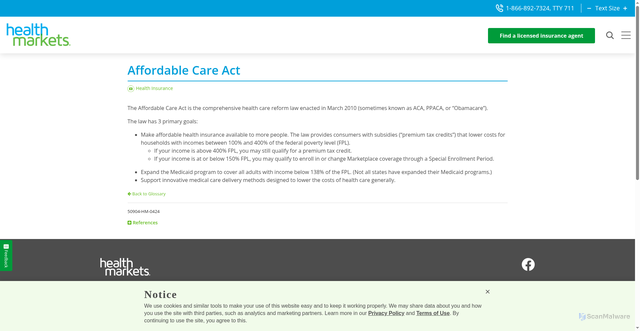 Security scan screenshot of https://www.healthmarkets.com/glossary/affordable-care-act