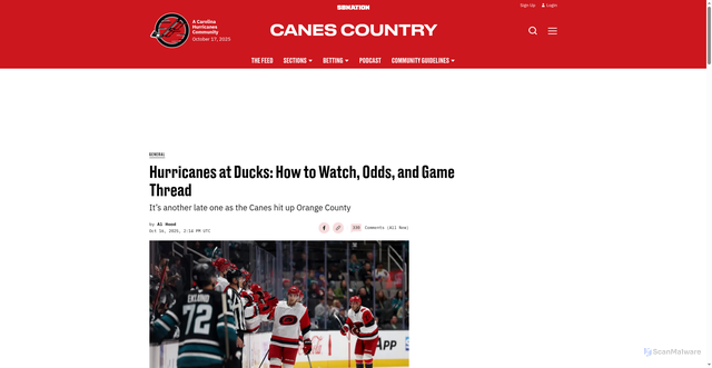 Security scan screenshot of https://www.canescountry.com/general/51844/hurricanes-at-ducks-how-to-watch-odds-and-game-thread