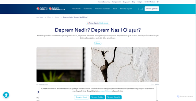 Security scan screenshot of https://www.turkiyesigorta.com.tr/blog/konut/deprem-nedir-deprem-nasil-olusur