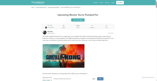 Security scan screenshot of https://www.storiesspace.com/forum/entertainment-media/upcoming-movies-youre-pumped-for?post=185617