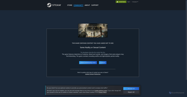 Security scan screenshot of https://steamcommunity.com/app/1903340/discussions/0/592896658667212973/