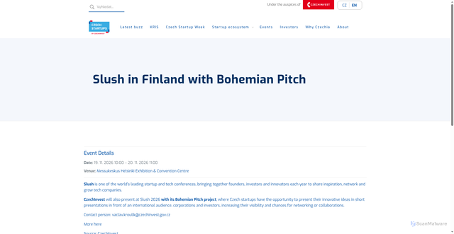 Security scan screenshot of https://czechstartups.gov.cz/en/events/event/slush-in-finland-with-bohemian-pitch/
