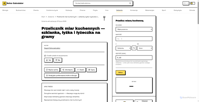 Security scan screenshot of https://solvocalculator.pages.dev/pl/jedzenie/przelicznik-miar-kuchennych/