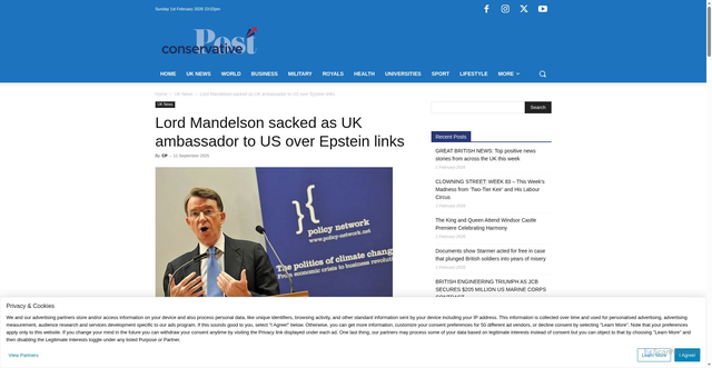 Security scan screenshot of https://conservativepost.co.uk/lord-mandelson-sacked-as-uk-ambassador-to-us-over-epstein-links/