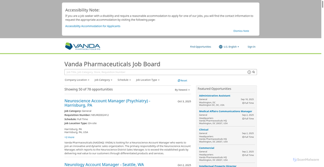 Security scan screenshot of https://recruiting.ultipro.com/VAN1011VANP/JobBoard/71a647a6-b80b-48a6-b60f-7159443cfd30/?q=&o=postedDateDesc