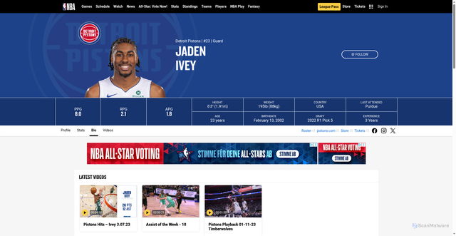 Security scan screenshot of https://mi.nba.com/player/1631093/jaden-ivey/bio